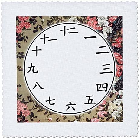 3drose japonês relógio face - kanji números ito jakuchu floral. - Quilt quadrados