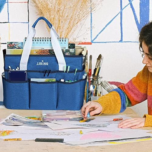 Jjring Organizador de artesanato Bag, caddy de armazenamento de arte grande com vários bolsos, bolsa de costura azul para