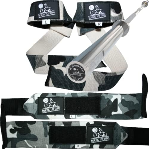 Pacote de pulseiras e tiras de elevação - pacote de cinza camuflado com barbell olímpico de levantamento de barragem mjolnir