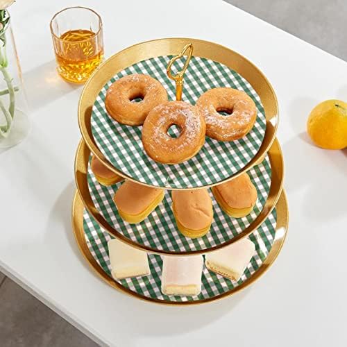 Stands de bolo conjunto de 3, verde e branco xadrez de textura de bolo de pedestal Stand Cupcake Stand para Celebração