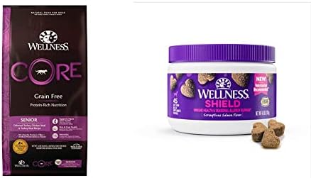 Wellness Food + Suplementos Pacote: Core de grãos naturais com comida de cachorro seca, sênior, bolsa de 12 libras, suplementos