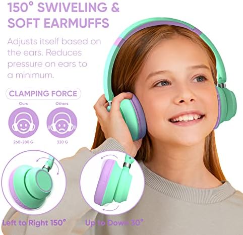 Fones de ouvido de fones de ouvido Ultra Light Comfort, fones de ouvido com fio, fones de ouvido com fio rotativo de fones de ouvido com microfone para crianças pequenas para crianças para o avião de viagem escolar, limite de volume de 85db/94db de 3,5 mm, verde/roxo