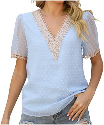 Camiseta da moda para mulheres suíças de crochê de crochê tampos vil de cola curta camisas de chiffon de verão, blusas elegantes