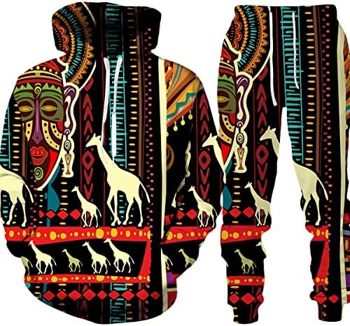 Mens Africano Impresso Africa Dashiki Casual Manga Longa Capuz de maiús do capuz para homens Ternos de calça de capuz