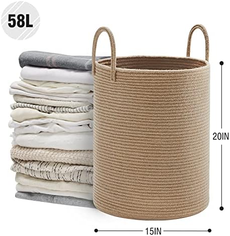 Techmilly Jute Corda de lavanderia cesta, cesta de lavanderia alta de 58L para armazenamento de cobertor, cesto de berçário grande