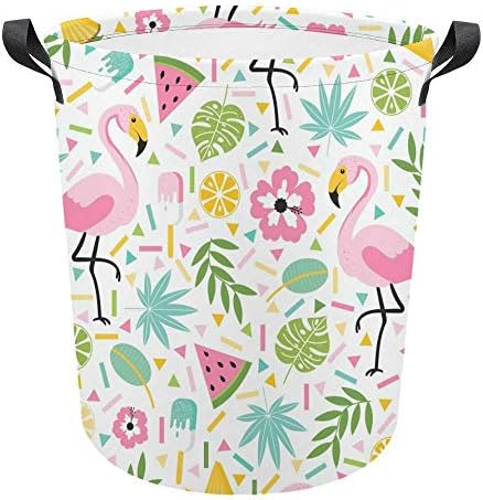 Cesta de lavanderia, cesto de lavanderia grande dobra com alças de folhas de palmeira de flamingo frutas, cesto de roupas, cesta de armazenamento para o quarto de quarto de lavanderia