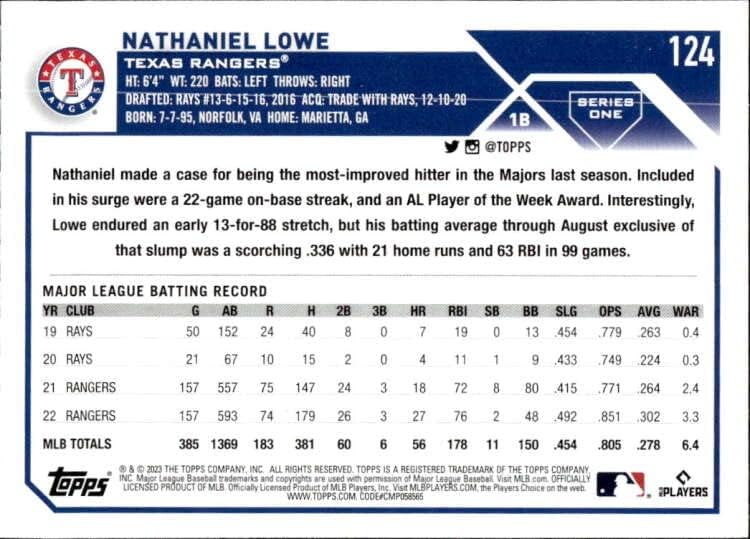 Nathaniel Lowe 2023 Topps 124 nm+ -mt+ MLB Baseball Rangers