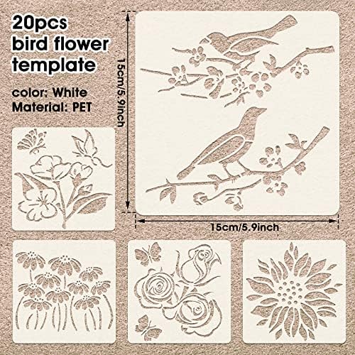 20 peças estênceis de flores de pássaro pintura flora