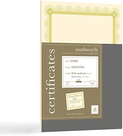Certificado premium aprimorado de Southworth Foil, 8,5 ”x 11”, 66 lb/180 GSM, Ivory, Gold Spiro Design, 15 contagem - A embalagem pode variar