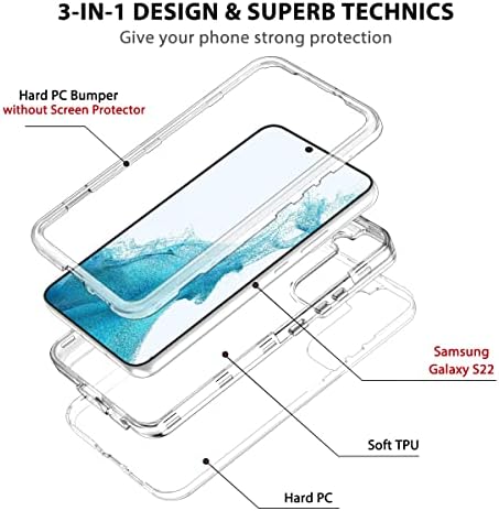 Lamca para a caixa Samsung Galaxy S22 5G, parafuso híbrido de choque pesado Hybrid Hard PC TPU Soft TPU Proteção de queda de três camadas Tampa anti-queda para Samsung Galaxy S22, transparente