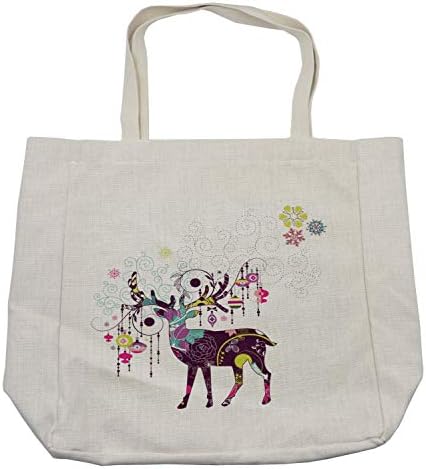 Bolsa de compras de Natal de Ambesonne, rena com ornamentos e linhas florais tema de festa de natal imagem colorida, bolsa