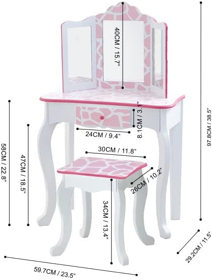 Kids Teamson Finger Play Vanity Kids Set com fezes combinando, Girls Giraffe Prind Vanity Table com Gaseta Tri Fold Mirror & Storage,