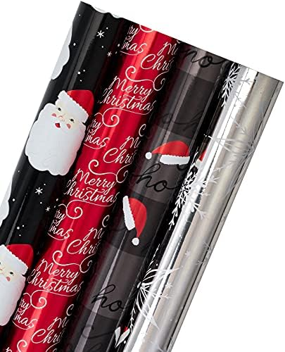 Rolo de papel de embrulho de Natal WrapAholic - Papai Noel Retro preto e vermelho, floco de neve prateado, coleção Ho Ho Ho Santa