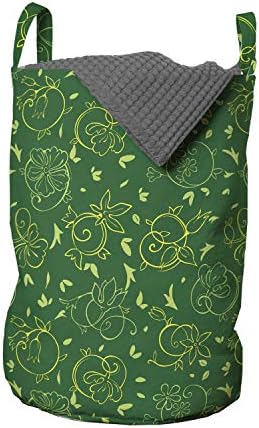 Bolsa de lavanderia botânica de Ambesonne, padrão natural de folhas e galhos de flores em turbilhão, cesta de cesto com alças fechamento de cordas para lavanderia, 13 x 19, amarelo -florestas verde