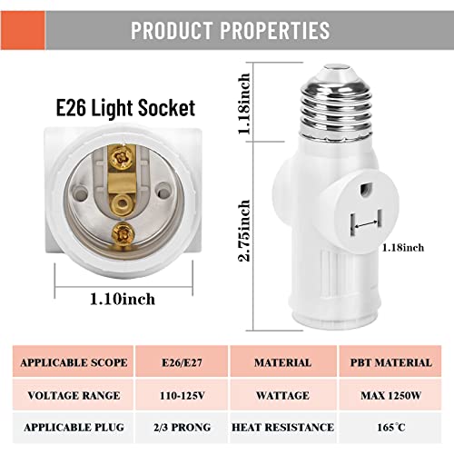 Venforze Standard E26 a 2/3 Adaptador de soquete de vários pólos, soquete de bulbo para 2/3 adaptador de soquete