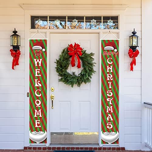 Crenics Feliz Christmas Varanda Sinais, Red e Verde Christmas Front Door Banner para decorações de festas de parede interna ao ar livre de Natal