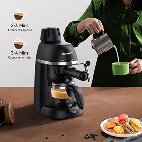 Sowtech Espresso Coffee Machine Cappuccino Latte Maker 3,5 bar 1-4 xícara com leite a vapor Frother Black