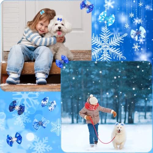 PIKLODO 48PCS/24Pair Dog Bows Girls Snowflake Dog Arcos Blue Dog Hair com elos de borracha Boldes Holida