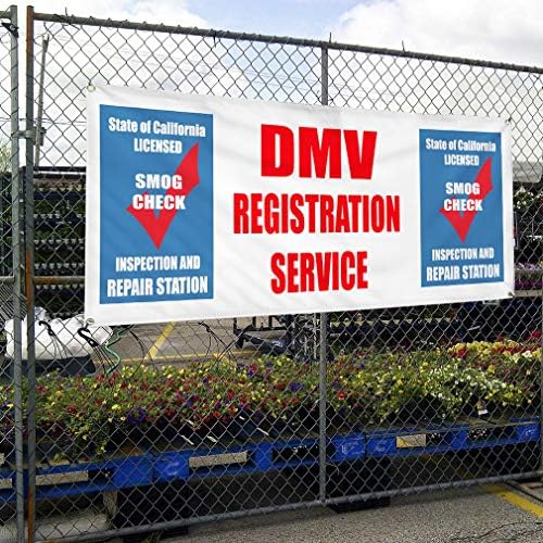 Vinil Banner Múltiplos tamanhos DMV Serviço de registro Smog Verifique a inspeção de inspeção automotiva ao ar livre Sinais de quintal industrial à prova de intempéries azul 10 ilhós 60x144inches