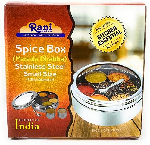 Rani Spice Box Aço inoxidável Armazenamento redondo transparente para especiarias 7 Compartimentos, com colher ~ embalada