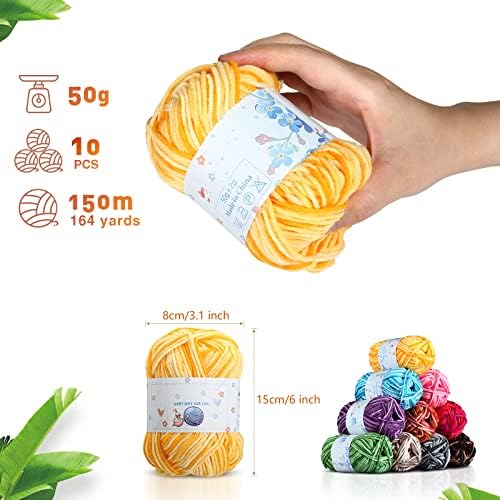 Yinsun 10x50g Multi Color Acrylic Yarn 50g 1750 Yards Kit de entrada de fios de crochê com bolsa roxa para tricô Projetos de tecelagem