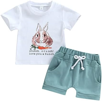 2pcs bebê menino roupa de páscoa coelho letra impressão de letra curta de manga curta top shorts de cor sólida define roupas de verão para bebê roupas