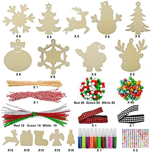 54pcs Ornamentos de madeira de Natal de Natal com cola de glitter, pendurando ornamentos de madeira de Natal de Natal, ornamentos lisos de madeira inacabados para artesanato de tinta.