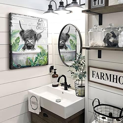 Art Farmhouse Banheiro Decoração Arte da parede Preto e branco Highland Cow Banheiro de parede Vaca de arte na banheira Fotos