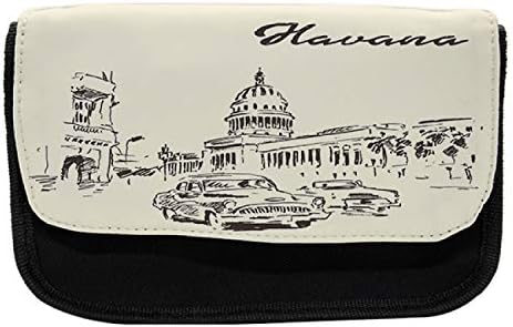 Caixa de lápis Havana lunarable, cômica de paisagem da cidade latina, bolsa de lápis de caneta com zíper duplo, 8,5 x 5,5, bege e preto
