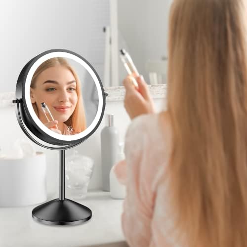 Espelho de maquiagem iluminada de Benbilry 8 com 3 luzes de cores diminuídas, 1x/10x Manterendo o espelho cosmético de dupla