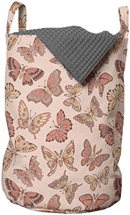 Bolsa de lavanderia de borboleta de Ambesonne, criaturas voadoras ornamentais de verão em tons de rosas, cesta de cesto com alças fechamento de cordão para lavanderia, 13 x 19, coral coral