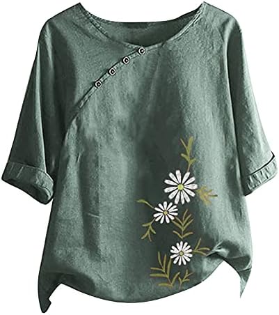 Camisas de linho de algodão para mulheres, botão de manga curta feminina no topo do verão Floral Print Crewneck Bloups