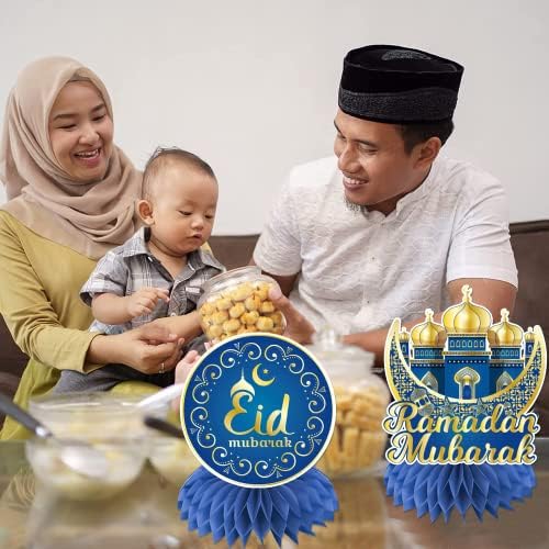Decorações do Ramadã para Tabela Eid Mubarak Decorações 3D Honeycomb CenterPieces Topper, Ramadan Mubarak Centerpieces para mesas para Eid al-Fitr Party Muslim Eid Adha Decoração de suprimentos