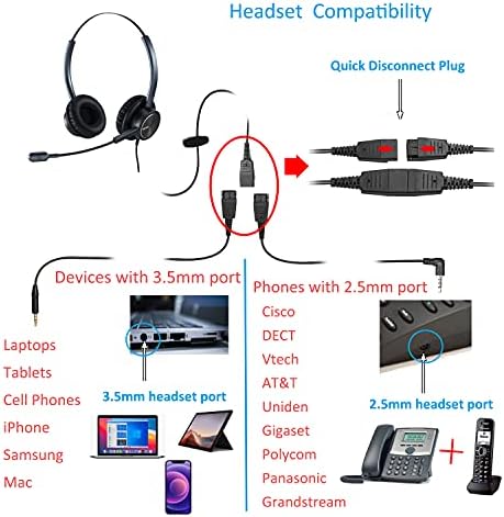 Fone de ouvido telefônico com conector de 2,5 mm e 3,5 mm para laptop para telefone celular para deskphone, fone de ouvido de