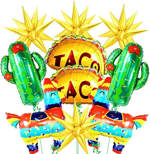 Balões de estrela de ouro com balões de lhama e cacto - pacote Big Bundle de 56 | Balões mexicanos para decorações de festas Fiesta | BALLOONS DE FOLHA DE ESTRELA DE EXPLOSIÃO | Balões de taco para a festa temática mexicana