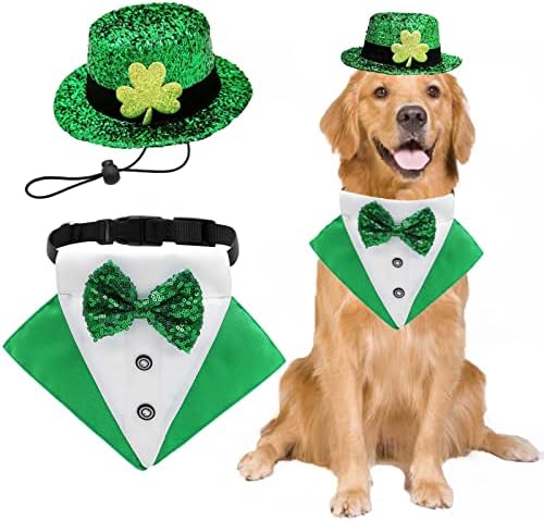 2 pacote de pacote St. Patrick Costume Dog Bandana Collar e Pet Top Hat Hat Green Dog Bow Bow Tux Roupas com D-ring Irish Tuxedo Costume Patrick para cães Faculdade de cachorro