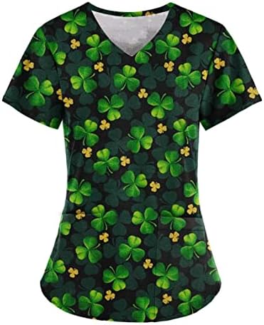 Scrub_tops Mulheres que trabalham uniforme de uniforme T-shirt Trendy St. Patrick's Imprimir Manga curta V Túnica de bolso de