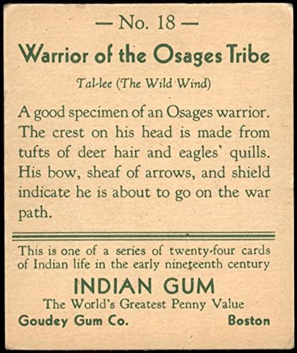 1933 Goudey Indian Gum 18 Warrior of the Osages Tribe VG/Ex