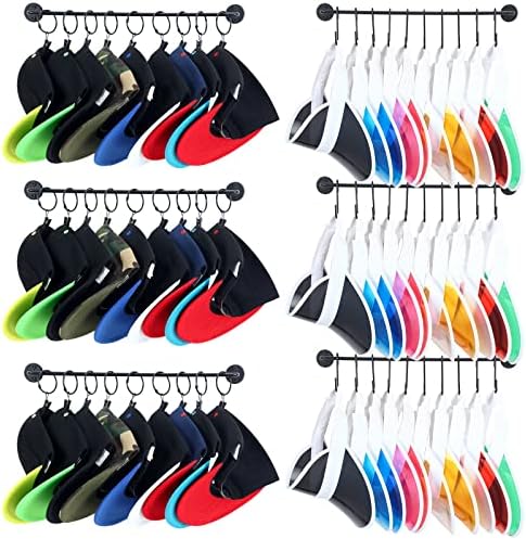 Conjunto de 6 racks de chapéus para tampas de beisebol Organizador de chapéu montado na parede com 60 ganchos e 30 clipes