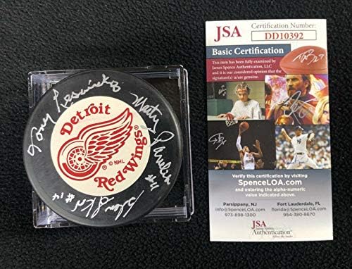Tony Leswick Marty Pavelich e Glen Skov assinaram Detroit Red Wings Trench Puck JSA - Pucks autografados da NHL
