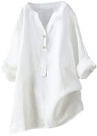 Tops de linho casual feminino Tops em V 3/4 de rolagem de mangas de rolo camiseta de cor sólida camisetas de túnica de ajuste