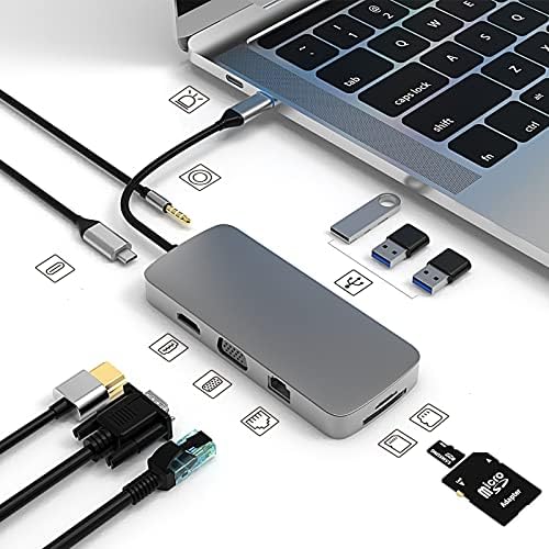 USB C Hub 10 em 1, Estação de docking USB-C Laptop, adaptador USB C para HDMI para MacBook e Windows com 4K HDMI VGA Ethernet PD 3.0 USB Audio RJ45 TF/SD