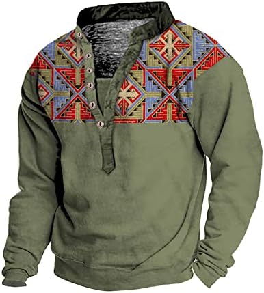 Moletom tático ocidental de Firero para homens Pullover de botão de manga comprida Casual Casual Size Aztec Print Sweetshirt