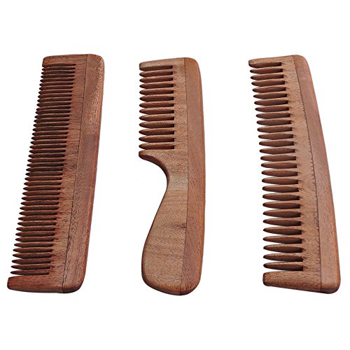 Healthgoodsin - Conjunto de 3 pentes de madeira pura de nim para cabelos fortes e brilhantes | Pente de nim de dente largo