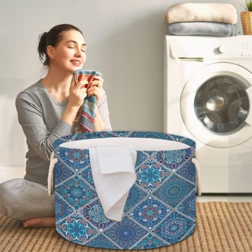 Mandala étnico grande cestas redondas para cestas de lavanderia de armazenamento com alças cestas de armazenamento de cobertores