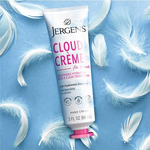 JERGENS Cloud Creme Hand Cream para mãos secas, loção com complexo hialurônico, hidratante não grease e fórmula de luz respirável, 3 oz