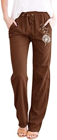 MTSDJSKF LINHEN MULHERES, calças de linho de cordão de pernas largas e de cintura larga com bolsos femininos perneiras