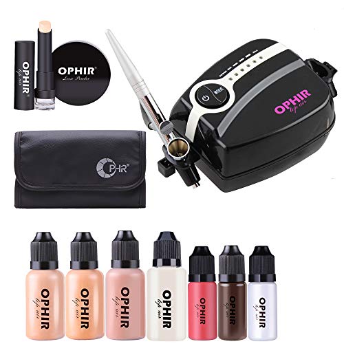 Ophir Basic Airbrush Makeup Kit com compressor de ar inclui 4x Air Foundation 3x Blush Eyeshadow Eyesbrow, corretivo, pó solto, conjunto de sistemas de maquiagem cosmética Conjunto