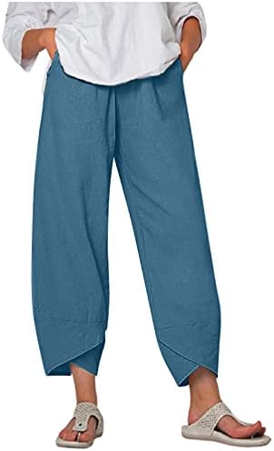 Calças de linho de algodão Womens Summer Summer Casual Capri -Pants com bolsos High Wistist