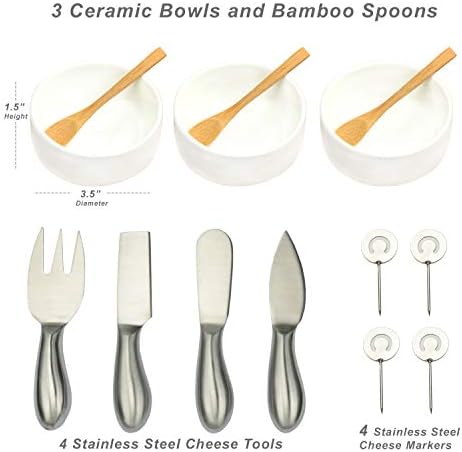 Piquenique no Ascot Bamboo Cheese Board/Charcuterie Platter - Inclui 3 tigelas de cerâmica, colheres de bambu, ferramentas de queijo